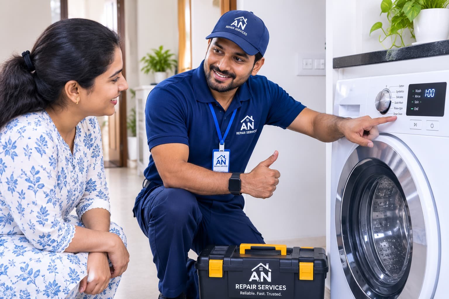 AN Repair Services technician showing a customer the a repaired washing machine compartment in Kamareddy